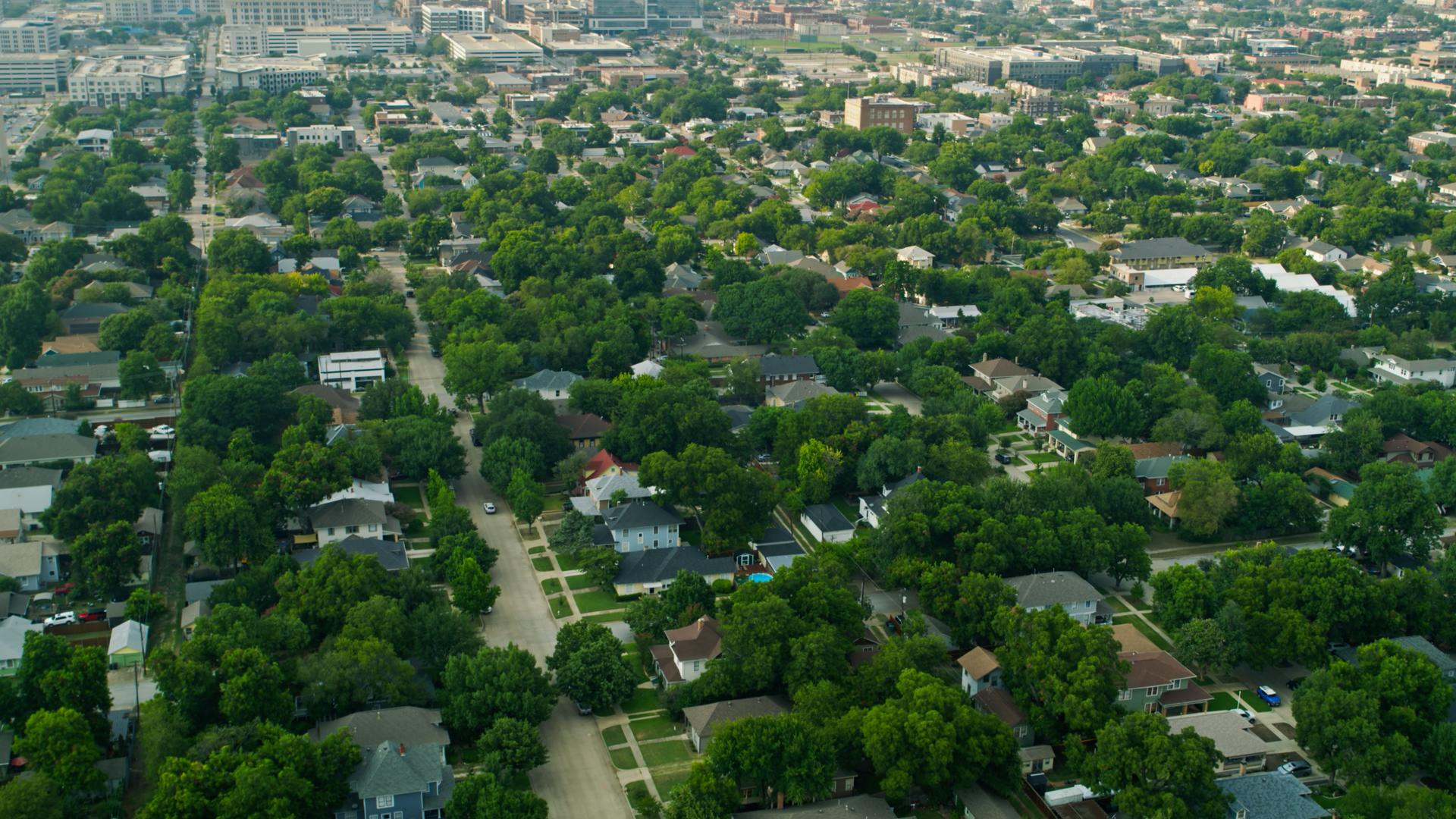Drone Shot of Residential Neighborhood  Near Downtown Fort Worth